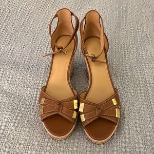 Michael Kors Ripley Leather Wedge Brown Sandals with Gold Accents